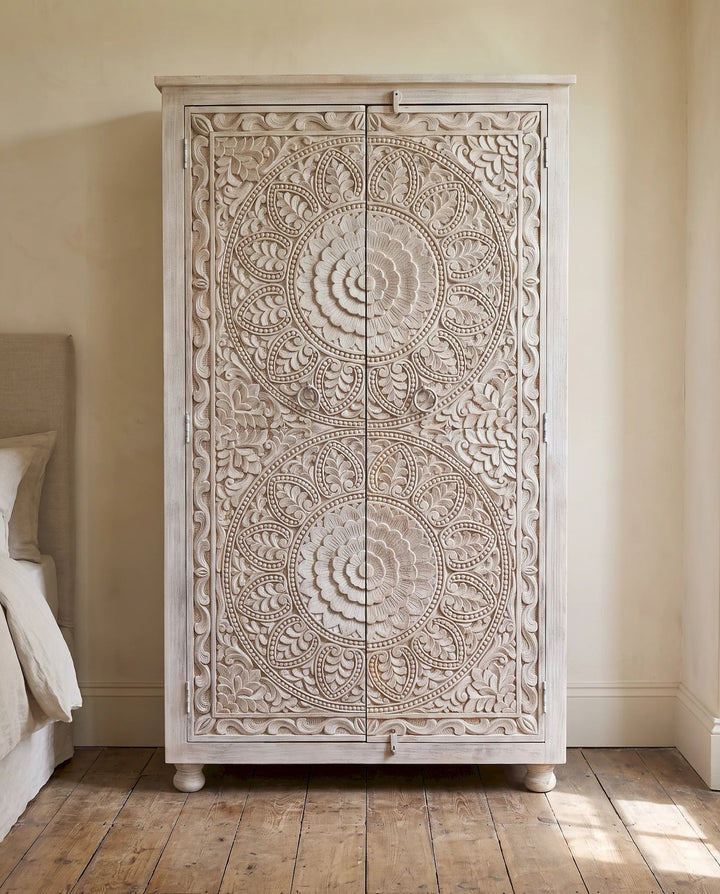 Creamwashed Mango Wood Wardrobe with Hand-Carved Floral Medallions