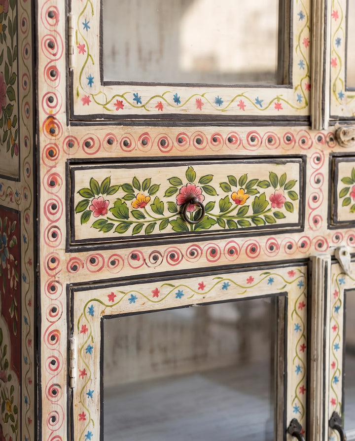 Hand-Painted Floral Mango Wood Cabinet with Glass Doors