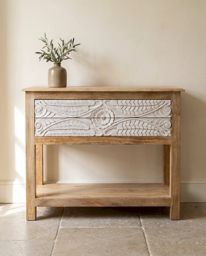 Hand-Carved Botanical Mango Wood Console Table with Whitewashed Drawers