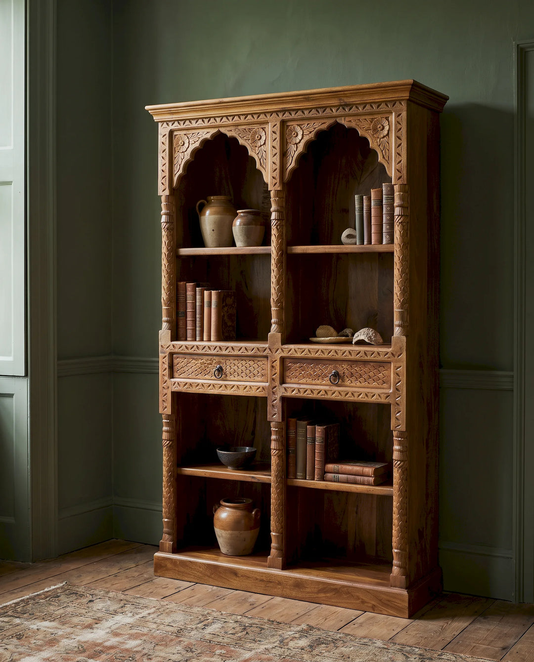 Ornately Hand-Carved Solid Mango Wood Bookcase