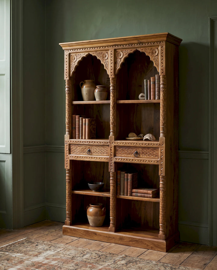Ornately Hand-Carved Solid Mango Wood Bookcase