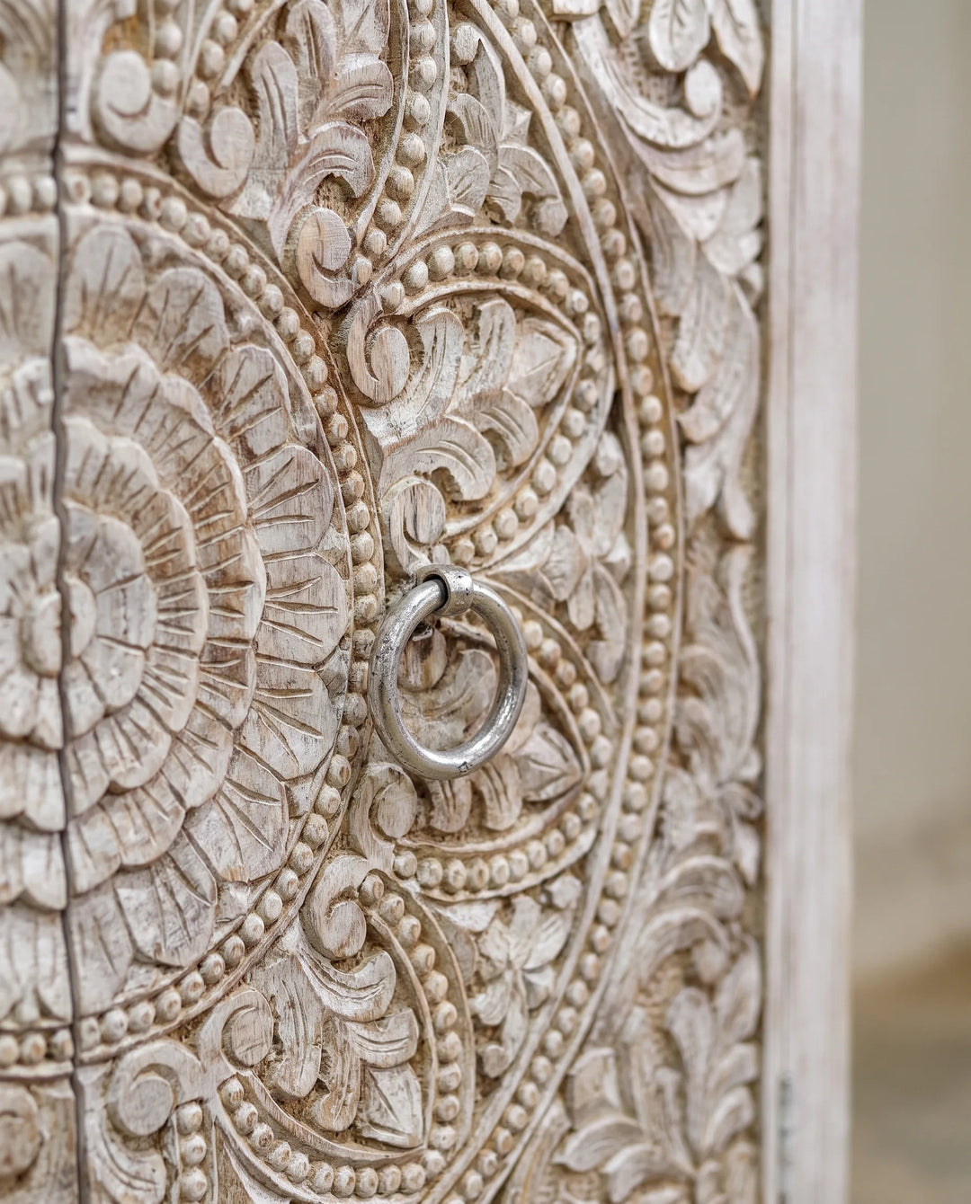 Creamwashed Mango Wood Sideboard with Hand-Carved Floral Medallion Doors