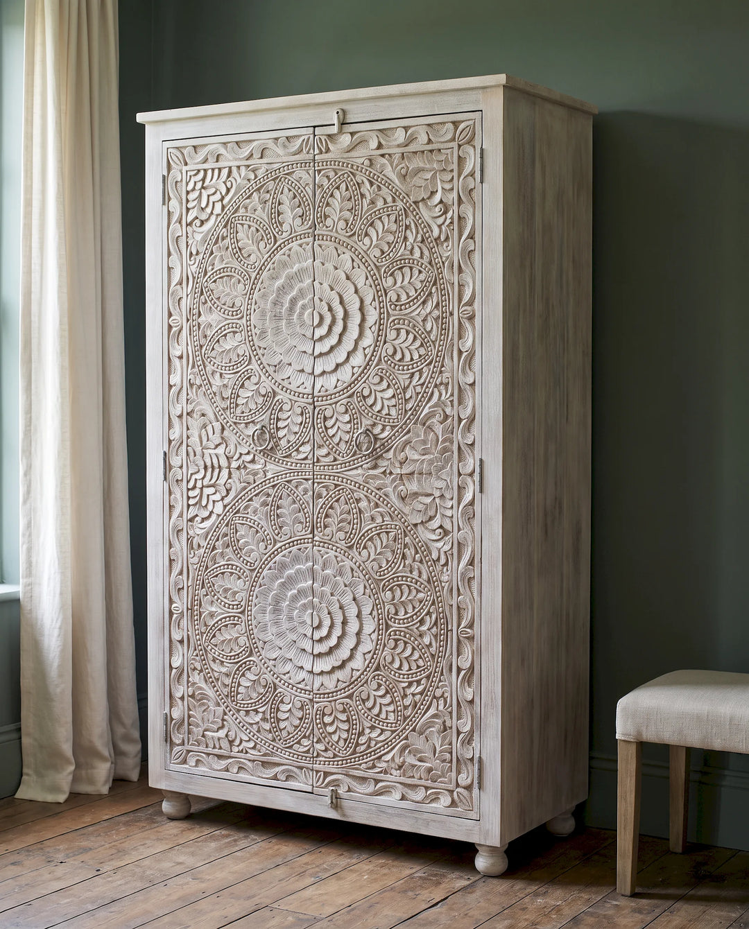 Creamwashed Mango Wood Wardrobe with Hand-Carved Floral Medallions