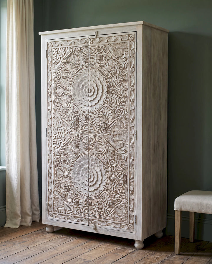 Creamwashed Mango Wood Wardrobe with Hand-Carved Floral Medallions