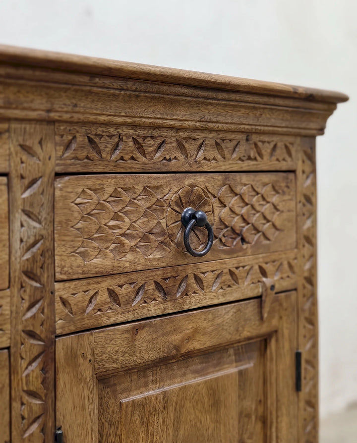 Hand-Carved Mango Wood Sideboard with Geometric Drawers &amp; Panelled Doors