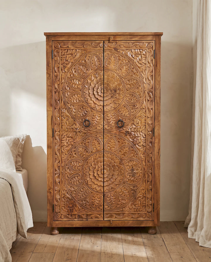 Natural Mango Wood Wardrobe with Hand-Carved Floral Medallion Doors