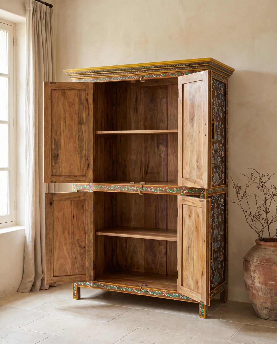 Hand-Painted Floral Mango Wood Armoire with Four Doors