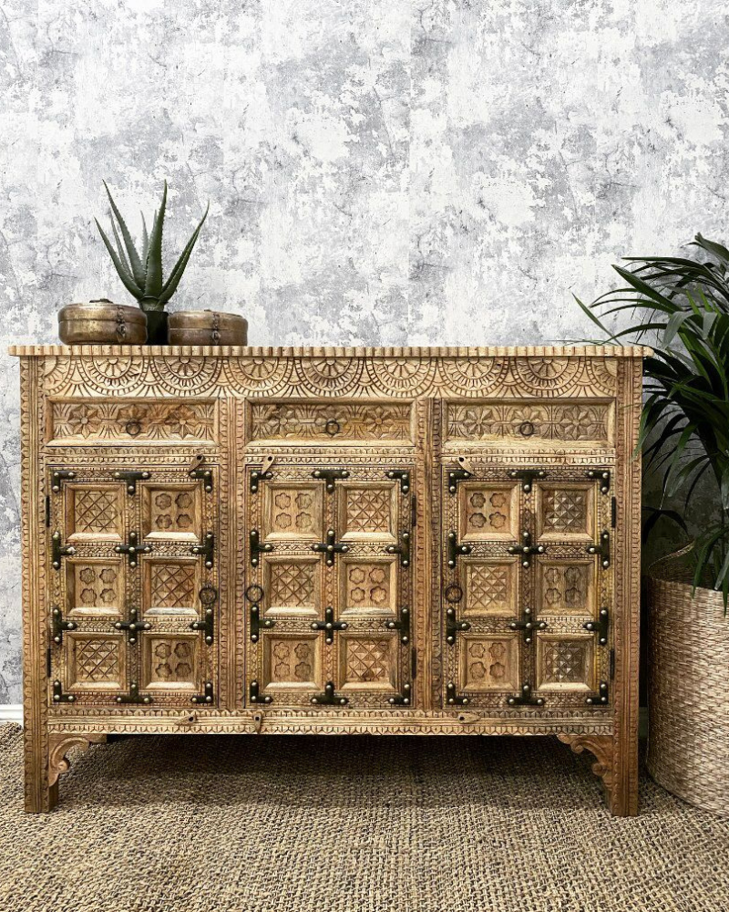 Intricately Carved Polished Indian Sideboard with Brass Detailing