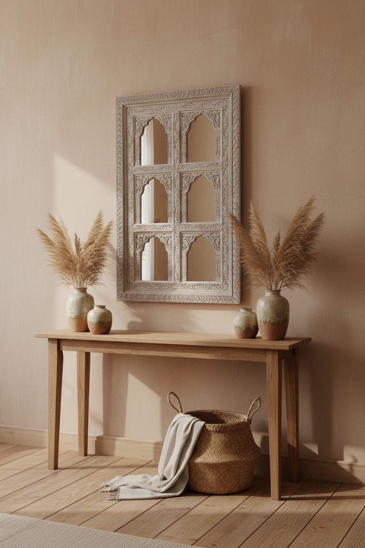 Six Panel Mango Wood Mirror – Creamwashed Archway Design