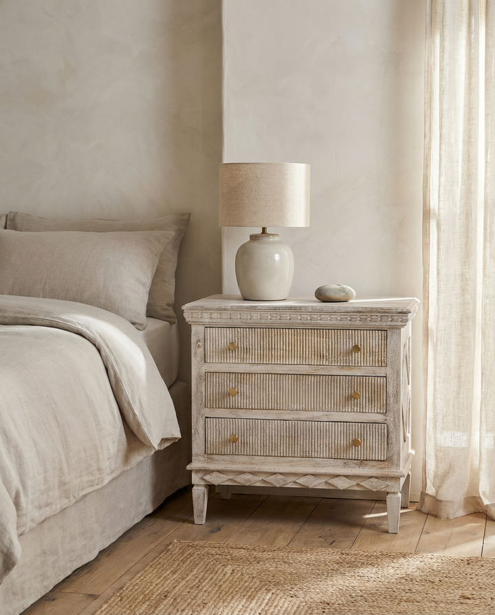 Hand-Carved Mango Wood Bedside Table with Linear and Diamond Detailing