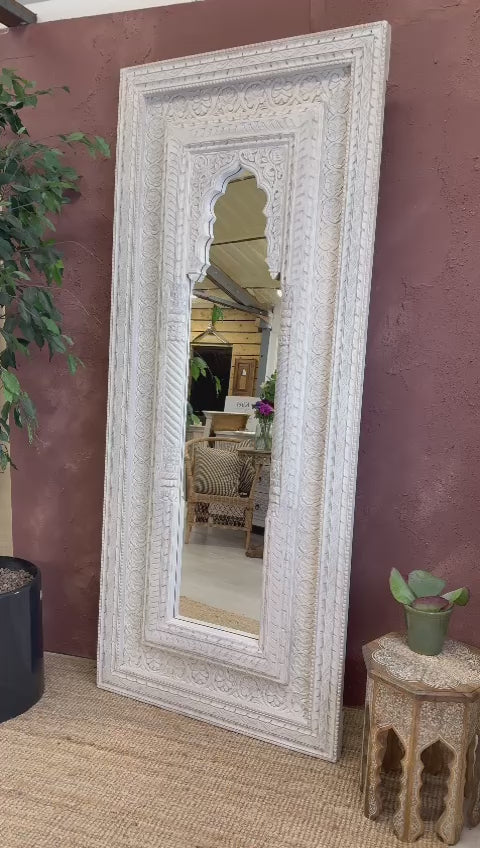 Tall Arch Mango Wood Floor Mirror – Hand-Carved and Whitewashed