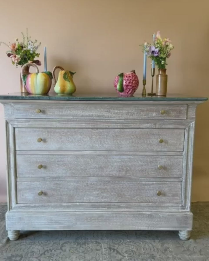 Large Whitewashed Mango Wood Chest of Drawers with Dark Green Marble Top