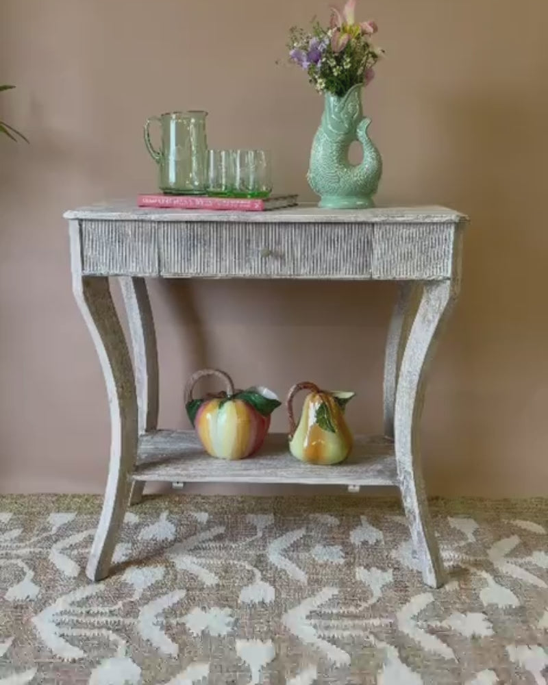 Lightly Whitewashed Mango Wood Console Table with Drawer and Shelf