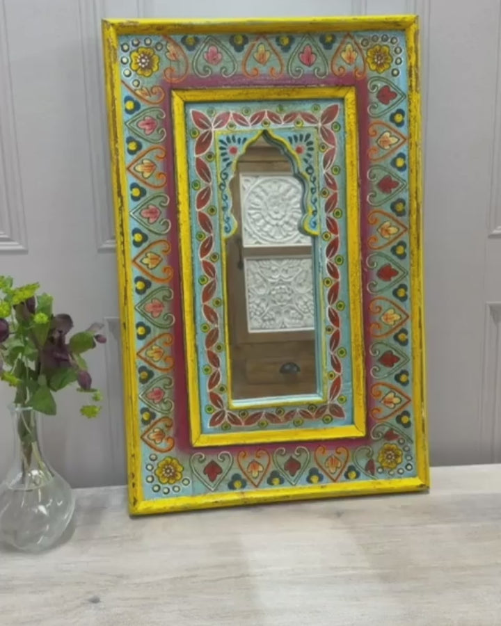 Hand-Painted Vintage Mango Wood Mirror – Arched Floral Frame
