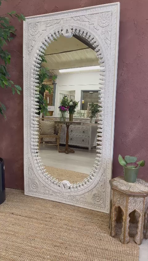 Large Oval Mango Wood Floor Mirror – Whitewashed with Hand-Carved Design