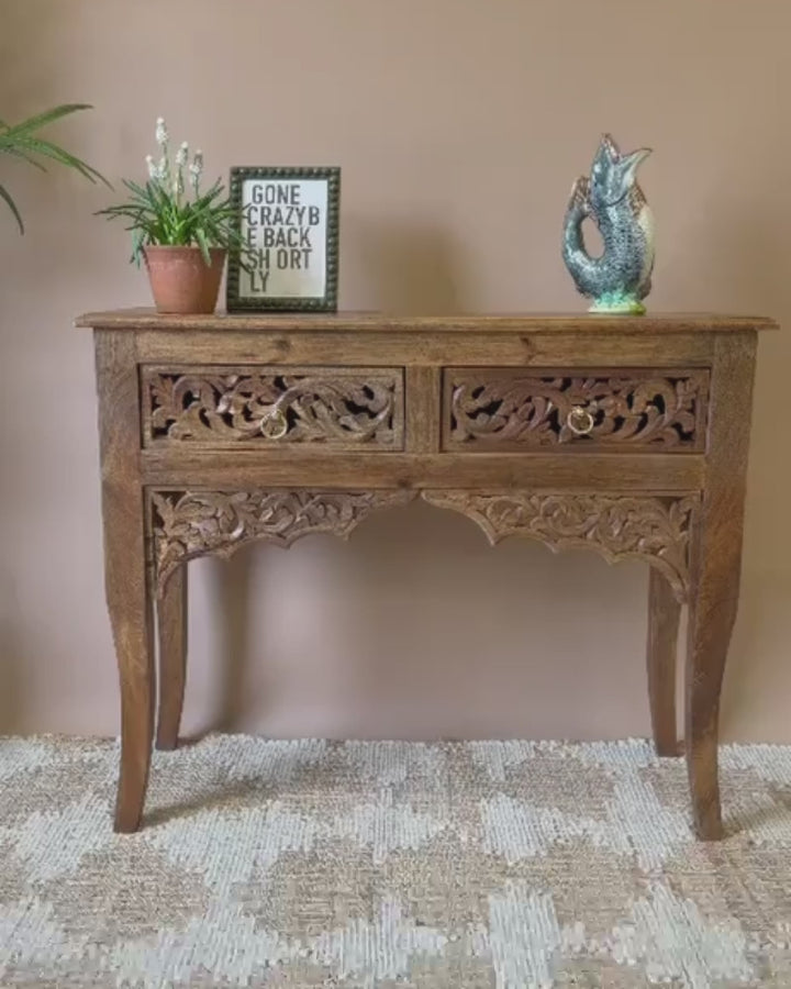 Hand-Carved Mango Wood Console Table with Floral Openwork