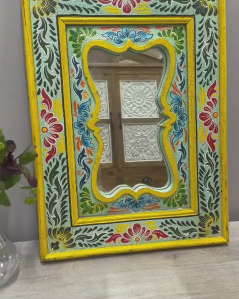 Hand-Painted Vintage Mango Wood Mirror – Ornate Curved Frame