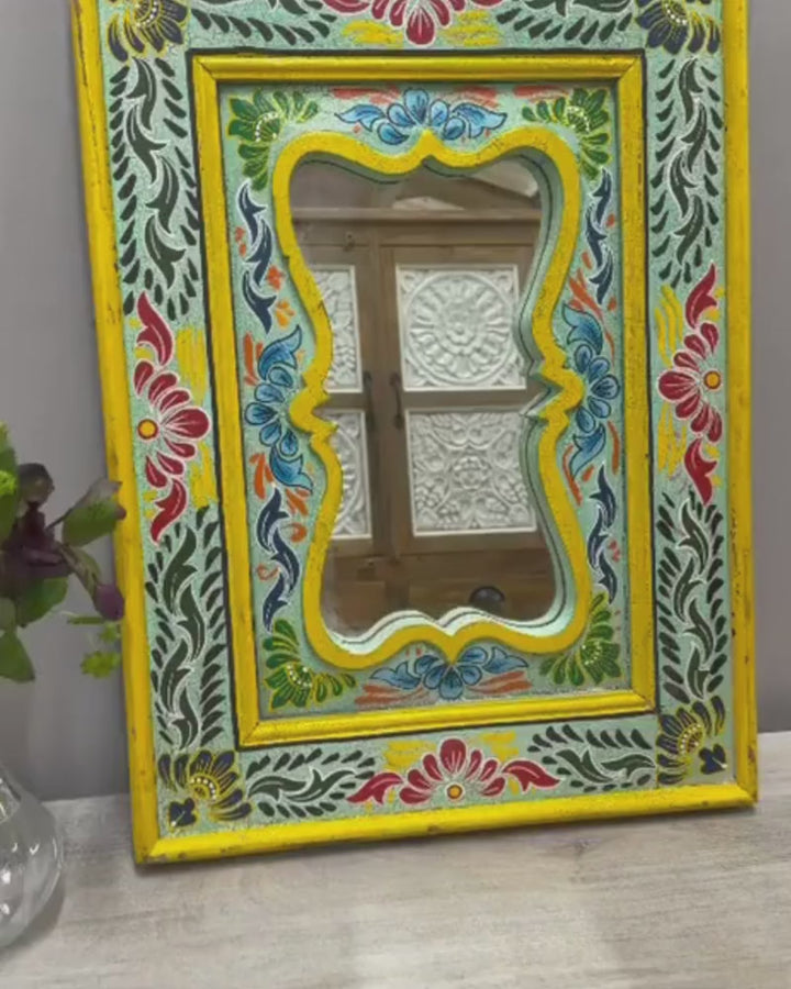 Hand-Painted Vintage Mango Wood Mirror – Ornate Curved Frame