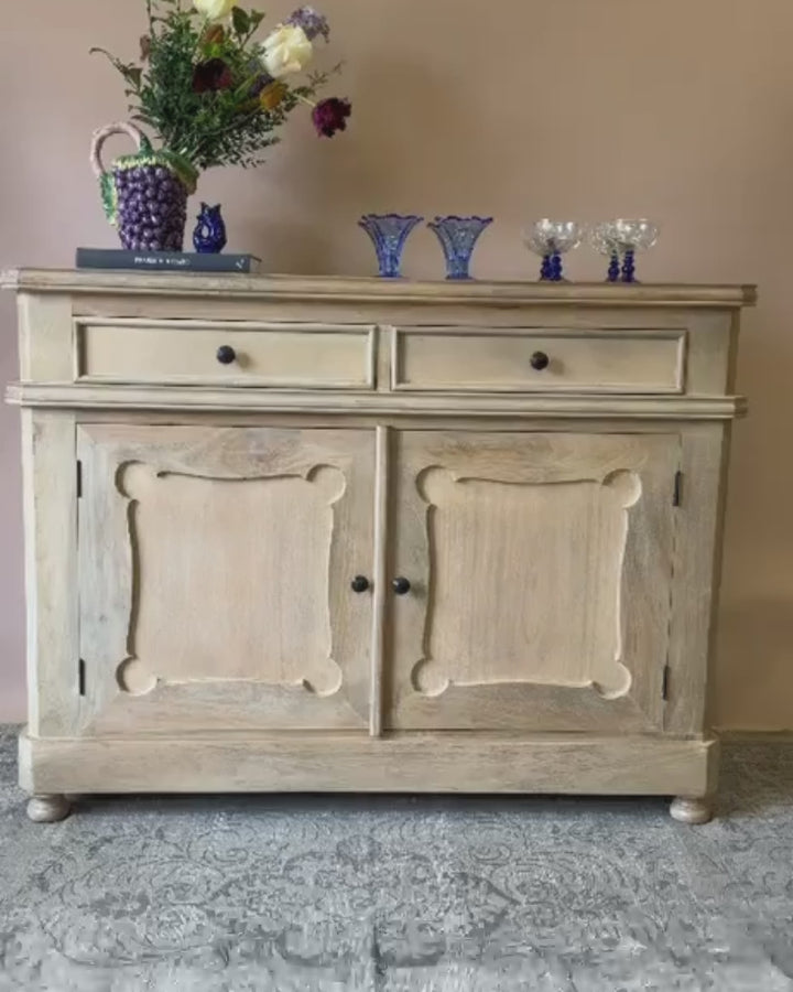 Large Natural Mango Wood Sideboard with Two Doors, Two Drawers and Internal Shelf