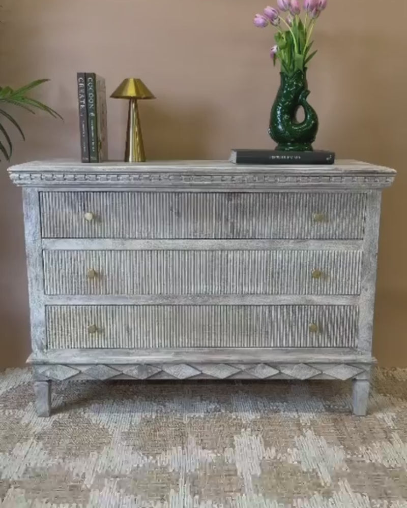 Whitewashed Mango Wood Chest of Drawers with Linear Carved Detail