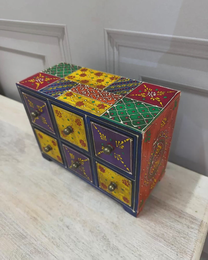 Hand-Painted Mango Wood Jewellery Box – 6 Drawer Trinket Chest with Floral Detail
