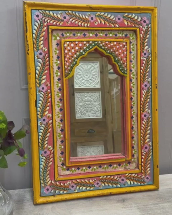 Hand-Painted Vintage Mango Wood Mirror – Arched Frame with Floral Motif