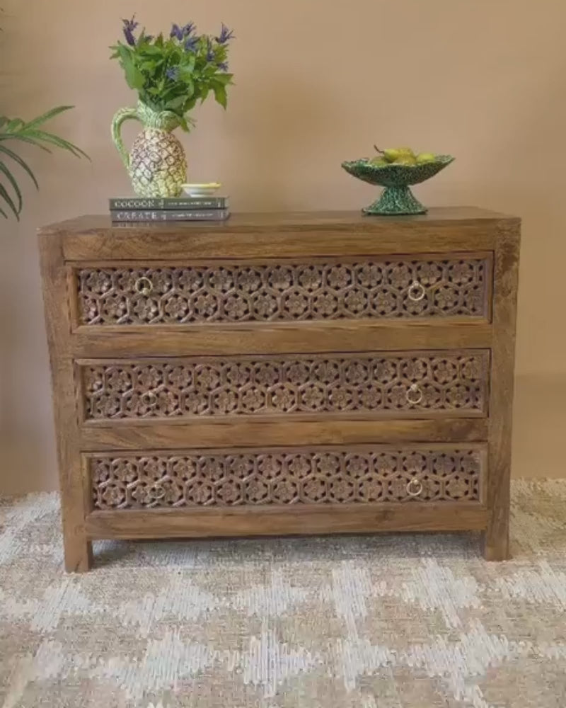 Jali Inspired Hand-Carved Mango Wood Chest of Drawers – Natural Polished Finish