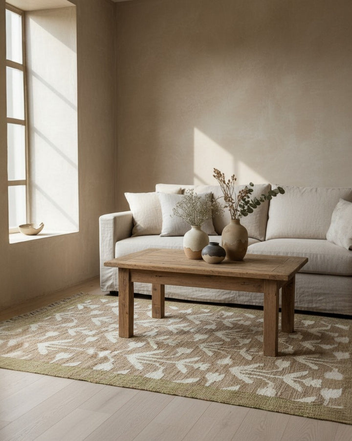 Jute & Hand-Carded Wool Handwoven Rug – Natural with Soft Green Border (120 x 180cm)