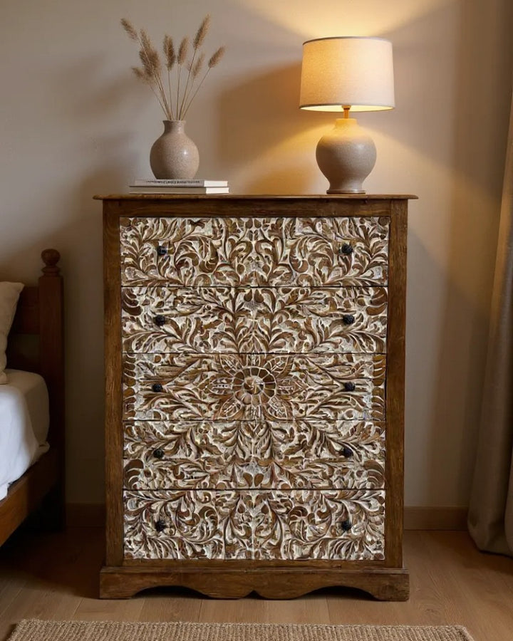 Hand-Carved Mango Wood Chest of Drawers – 5 Drawer Tallboy
