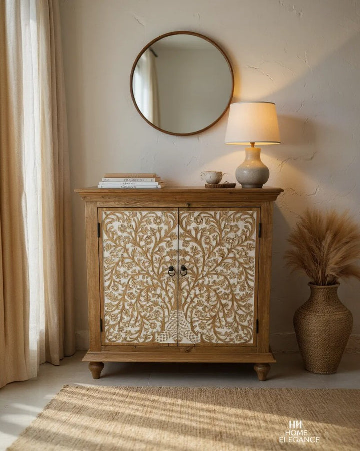 Hand-Carved Mango Wood Sideboard – Tree of Life Design in Natural Whitewashed Finish