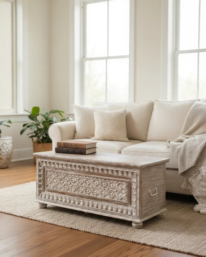 Hand-Carved Mango Wood Trunk – Whitewashed Finish with Traditional Detailing