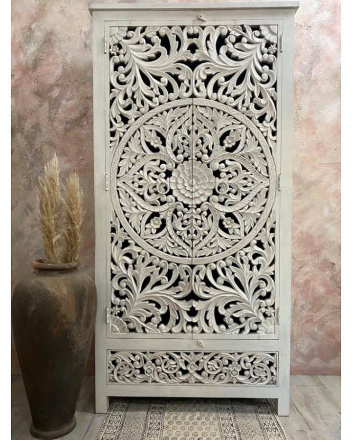 Ornately Hand Carved Indian Mango Wood Armoire storage unit, white