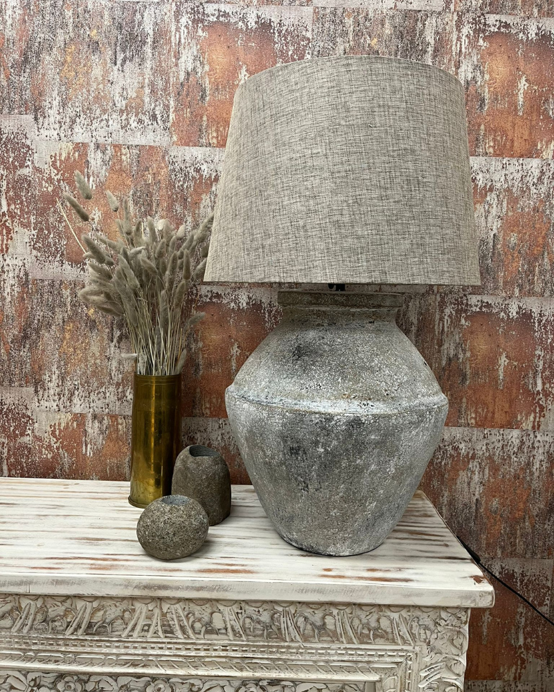 Terracotta Stone Lamp with Linen Shade in Grey Tones