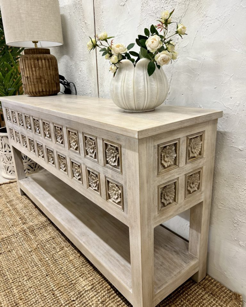 Hand Carved Mango Wood Console Table with floral details or Motiffs