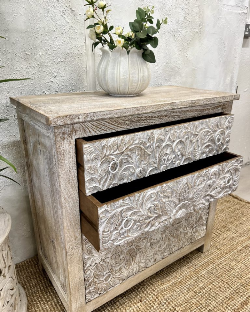 Ornate Hand Carved Indian Mango Wood 4 Drawer Chest of Drawers with Floral Detailing