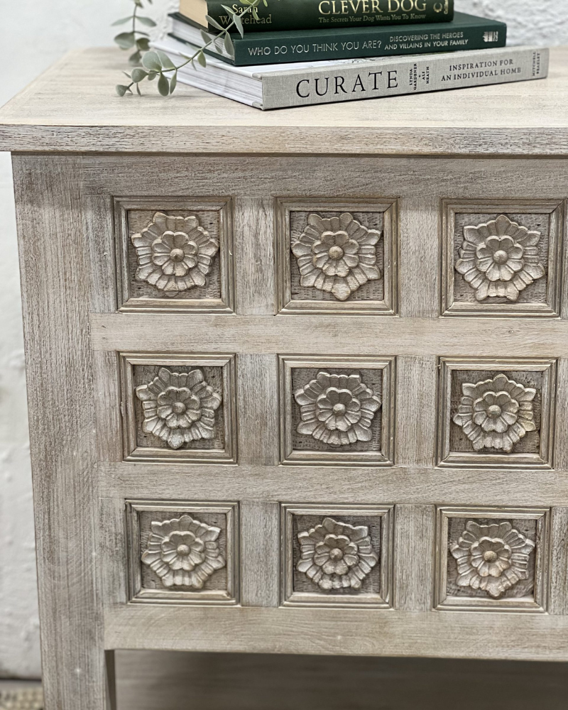 Hand carved mango wood console table with floral detailing