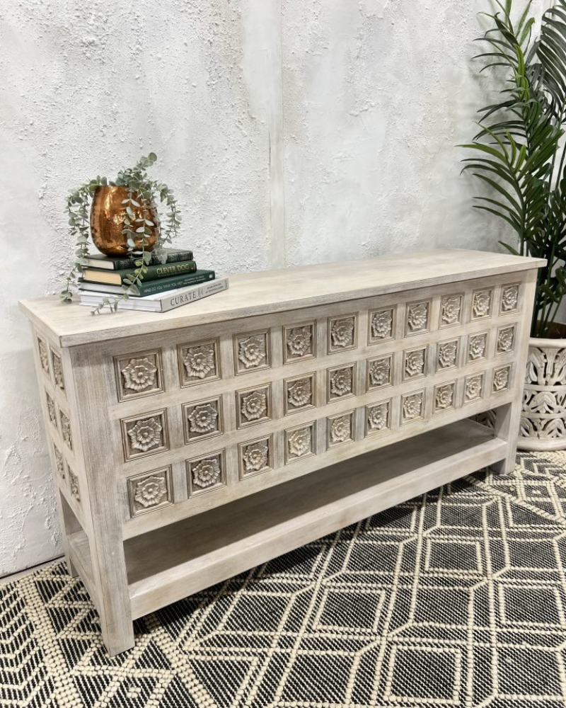 Hand carved mango wood console table with floral detailing