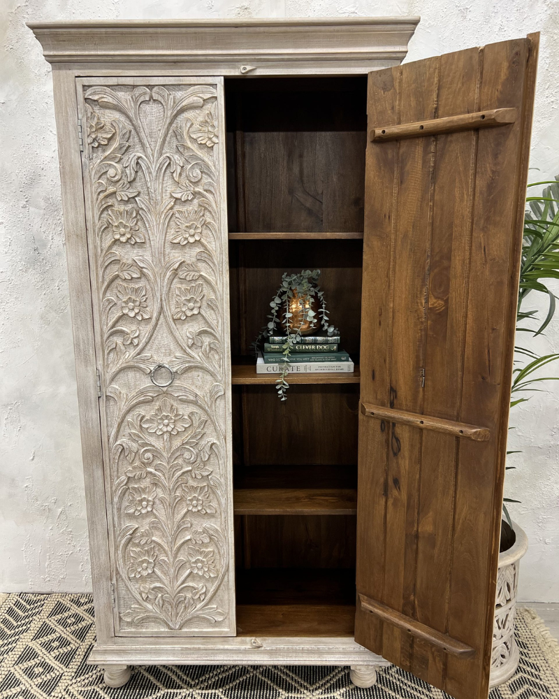Hand Carved Bleached Mango Wood Bedroom Armoire, Wardrobe with ornate carvings
